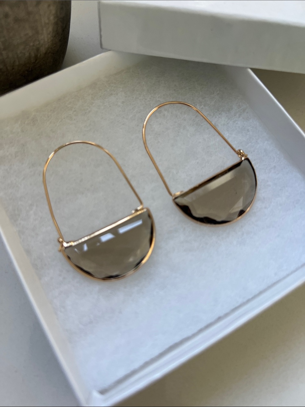 Gold Earrings with Smoky Faceted Glass
